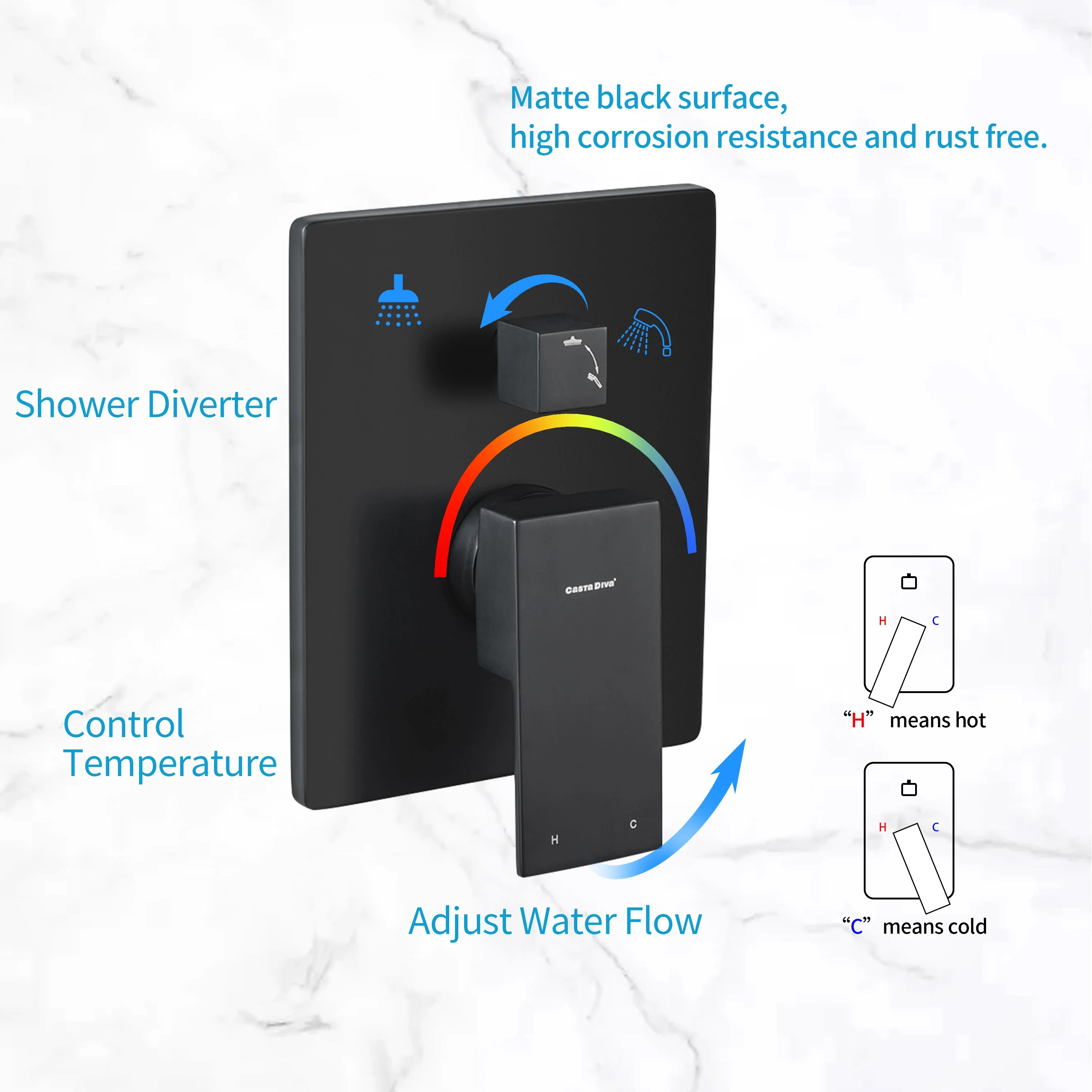 Casta Diva Rain Shower Head with Handheld Spray, Square, Black | CD-S02B - Image 6