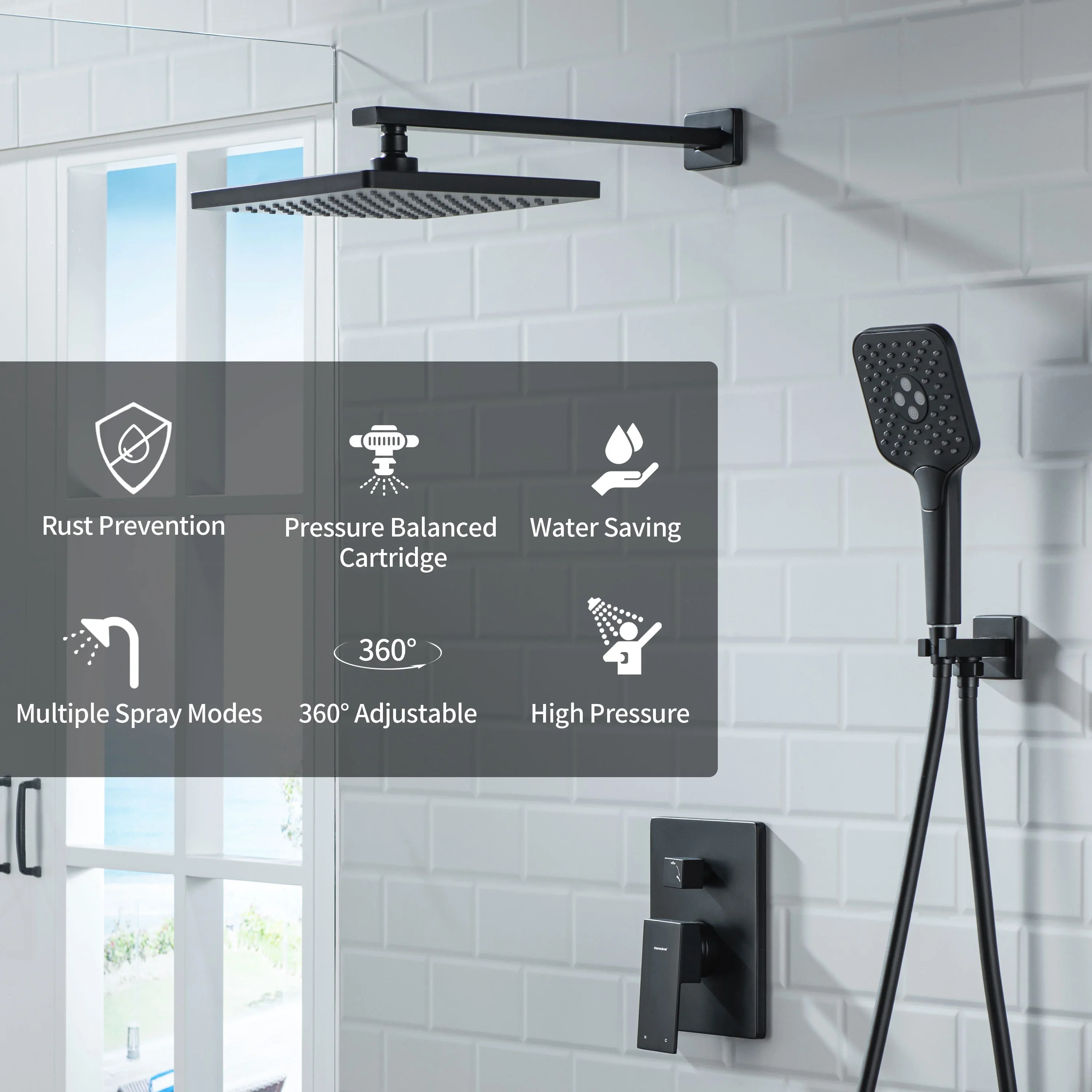 Casta Diva Rain Shower Head with Handheld Spray, Square, Black | CD-S02B - Image 7