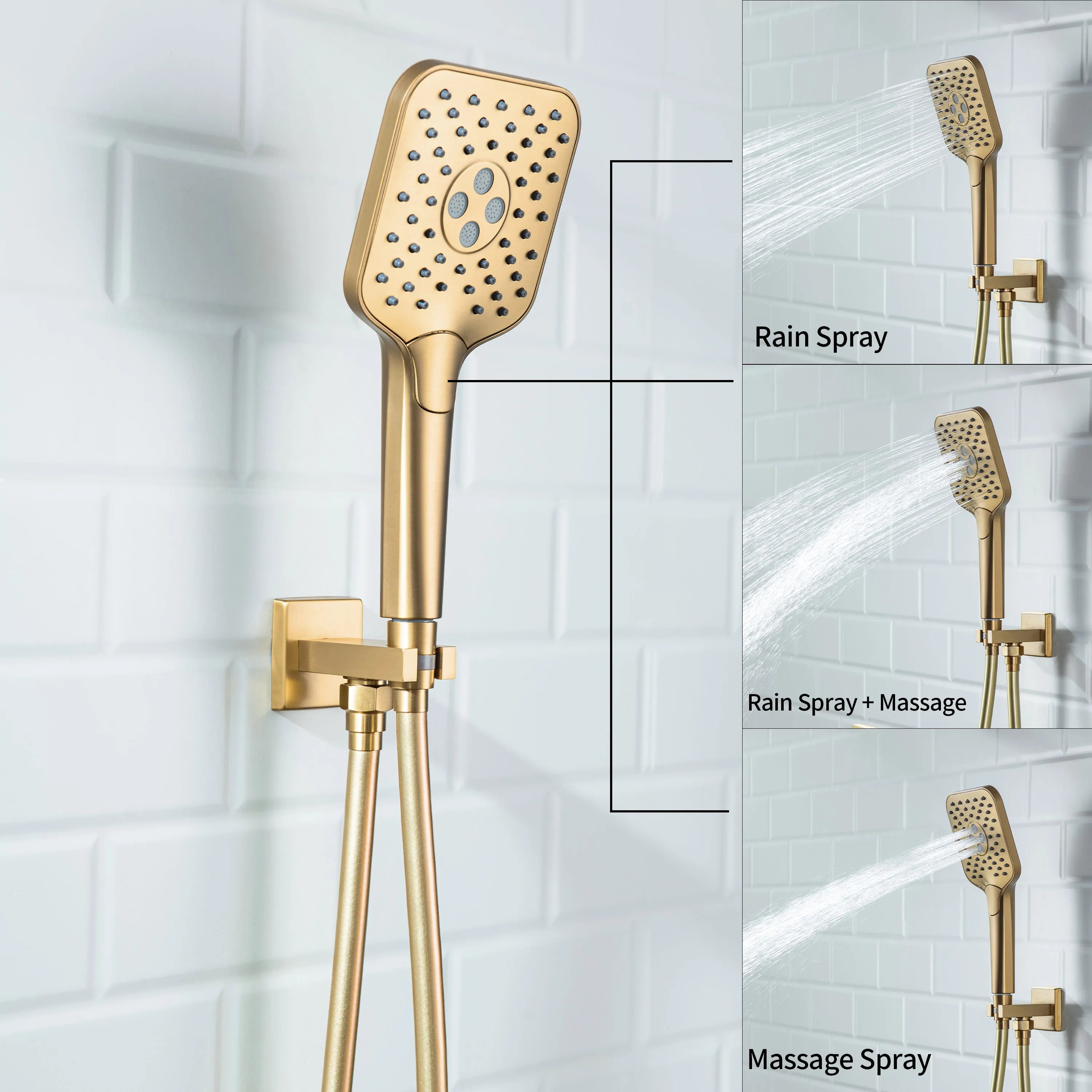 Casta Diva Rain Shower Head with Handheld Spray, Square, Brushed Gold | CD-S02G - Image 3