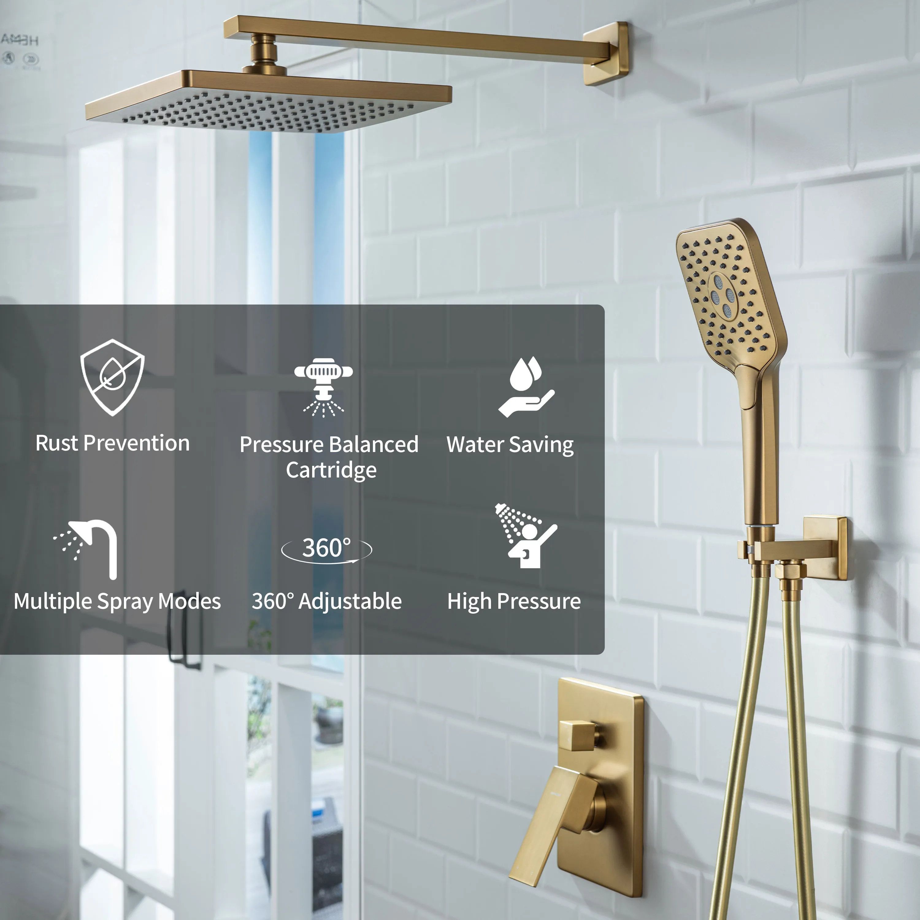 Casta Diva Rain Shower Head with Handheld Spray, Square, Brushed Gold | CD-S02G - Image 5