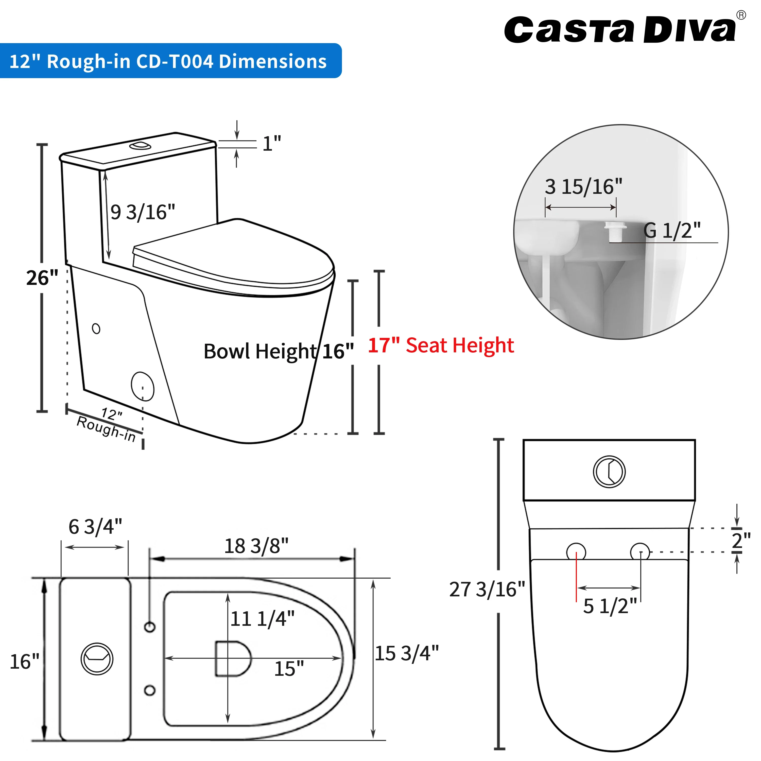 CASTA DIVA CD-T004 – One-Piece Elongated Toilet with Dual Flush 0.9/1.28 GPF, 12'' Rough-in, White - Image 7