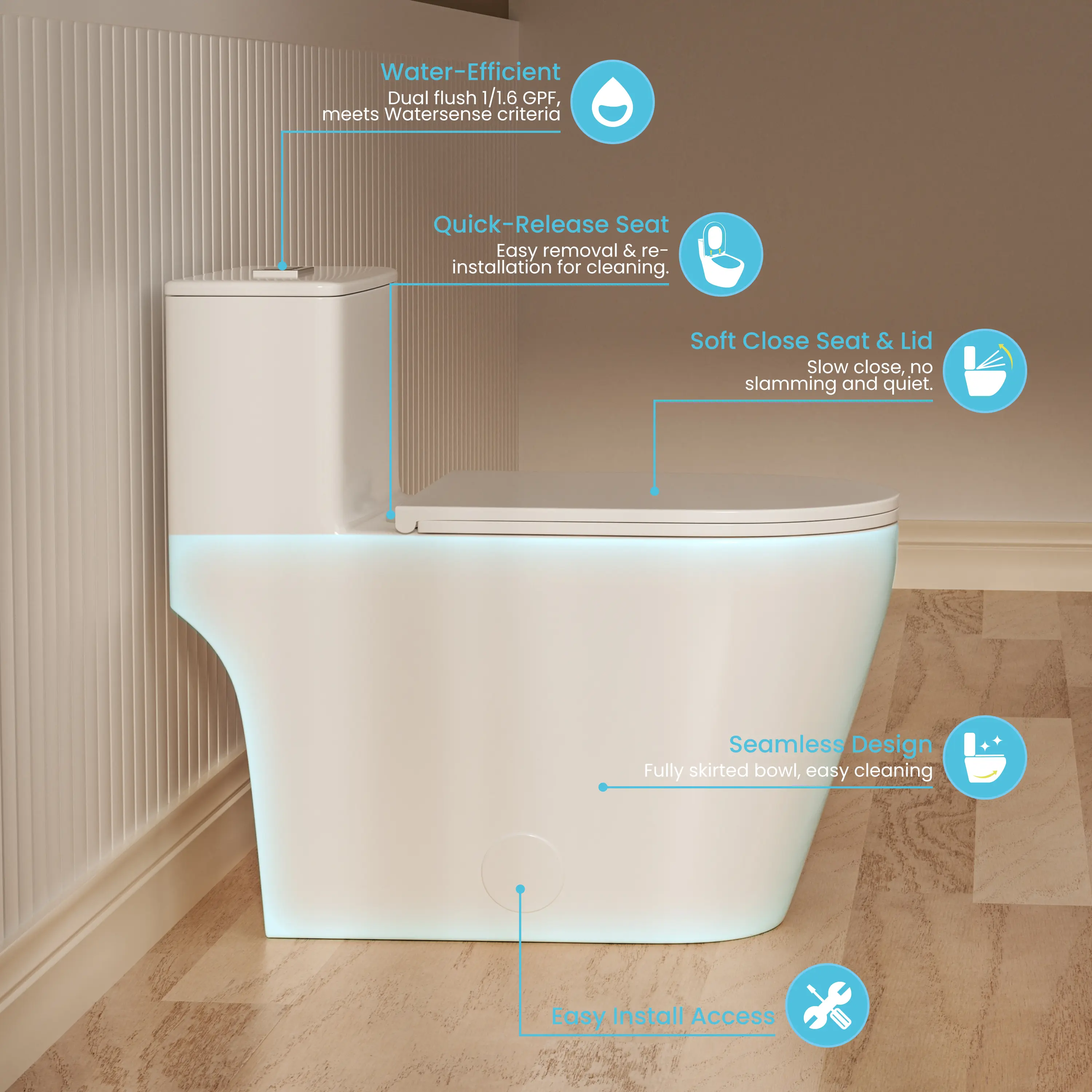CASTA DIVA CD-T005 – ADA-Compliant One-Piece Elongated Toilet with Dual Flush 1.0/1.6 GPF, 12'' Rough-in, White - Image 5