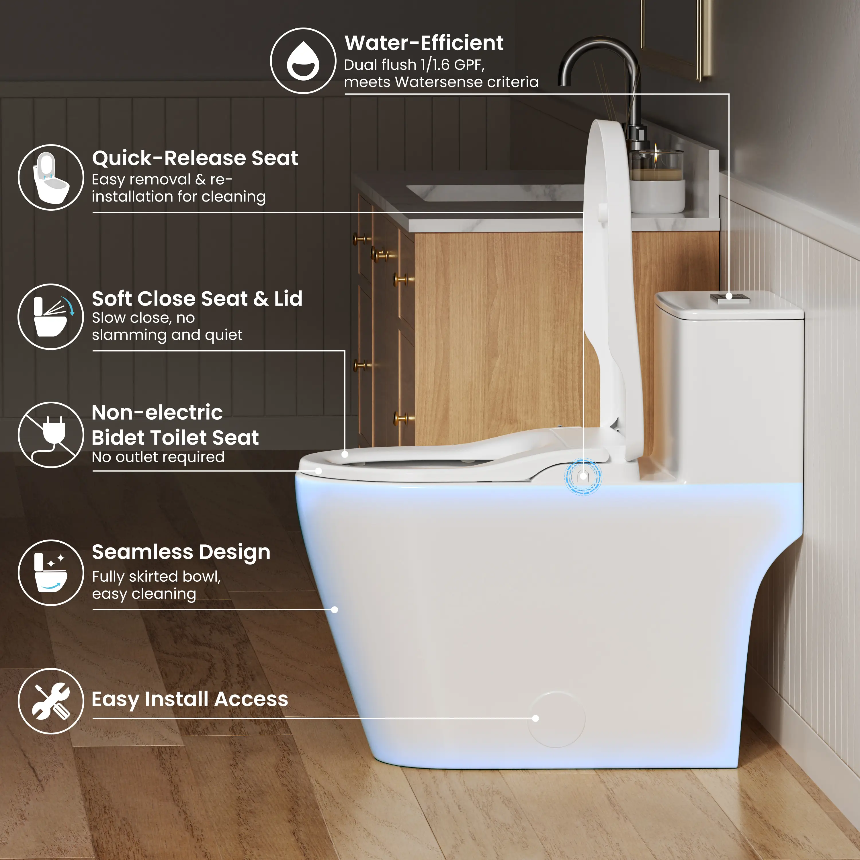 CASTA DIVA CD-T005C Elongated Non-Electric Bidet Toilet | Dual Flush, Adjustable Wash, Soft Close, Easy Install - Image 6