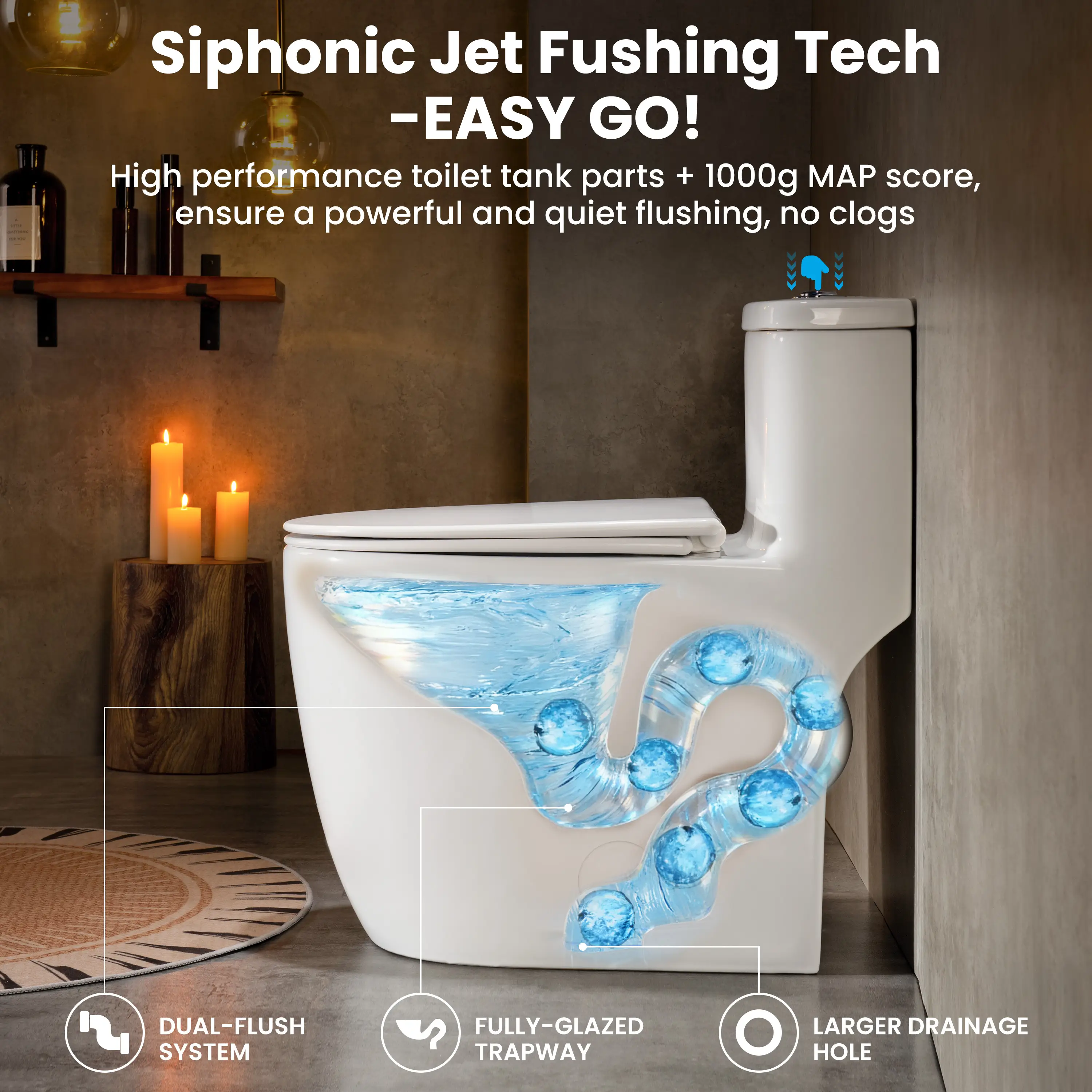 CASTA DIVA CD-T006 – One-Piece Elongated Toilet with ADA-Compliant, Dual Flush High Efficiency 1.0/1.28 GPF & MAP 1000g, 12'' Rough-in, White - Image 5