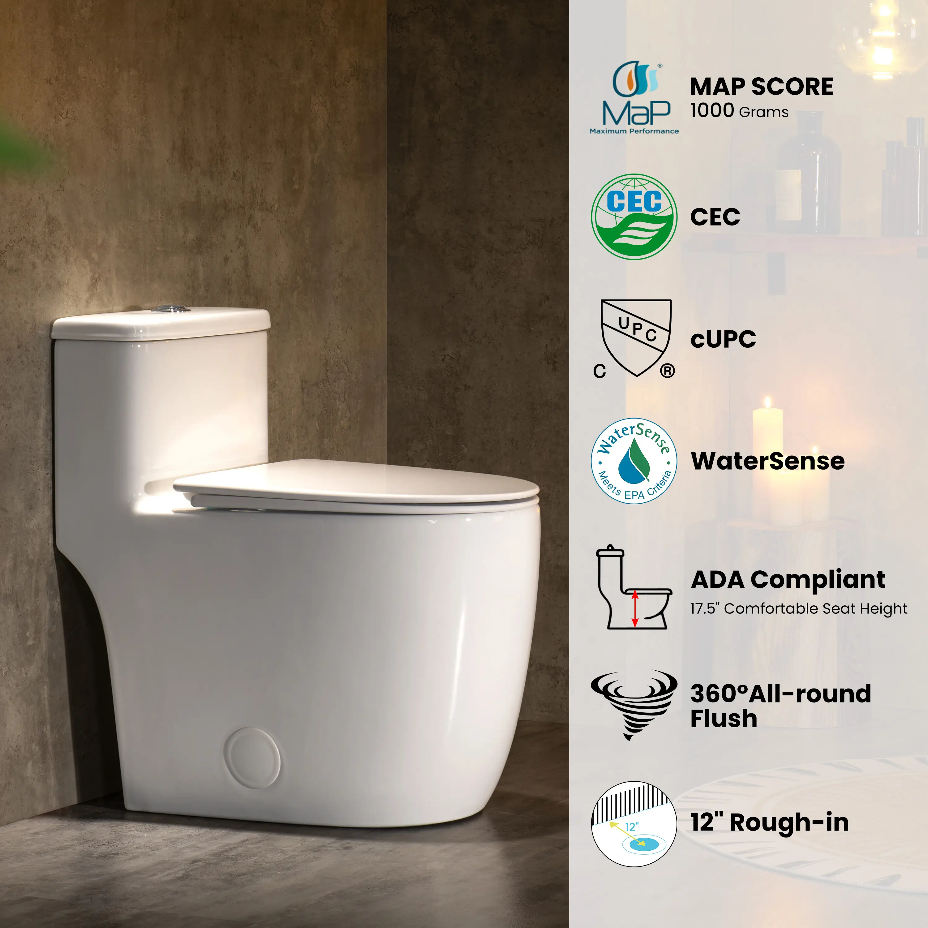 CASTA DIVA CD-T006 – One-Piece Elongated Toilet with ADA-Compliant, Dual Flush High Efficiency 1.0/1.28 GPF & MAP 1000g, 12'' Rough-in, White - Image 7